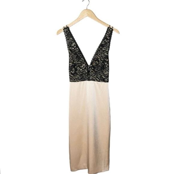 NEW ALICE + OLIVIA Vanita Corded Lace Bodice Satin Midi Slip Dress 8 Nude Black - Picture 3 of 9